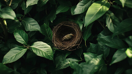 Nest with a bird inside is surrounded by green leaves. The nest is small and the bird is perched on top of it. Concept of peace and tranquility, as the bird is in its natural habitat