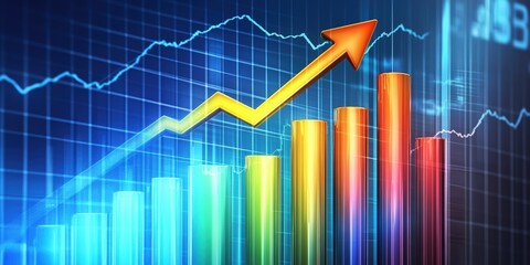 Poster - colorful bar graph with rising arrow indicating growth in stock market performance and financial tre