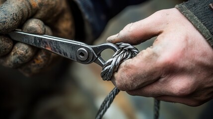 Poster - A close-up of pliers being used to twist a wire into a knot. The jaws of the pliers grip the wire tightly