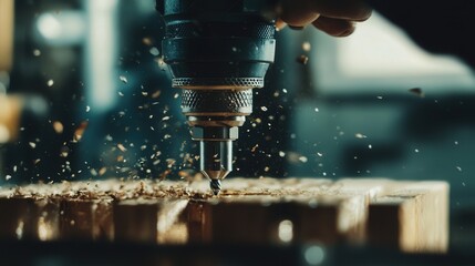 Poster - A close-up shot of a person using an electric drill to bore holes into a thick piece of hardwood.