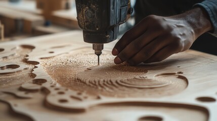 Poster - A close-up shot of a worker using an electric jigsaw to cut intricate shapes in a piece of wood.