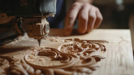 Poster - A close-up shot of a worker using an electric jigsaw to cut intricate shapes in a piece of wood.