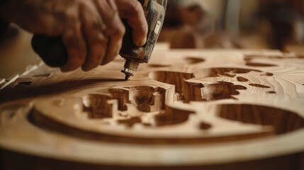 Poster - a close-up shot of a worker using an electric jigsaw to cut intricate shapes in a piece of wood.