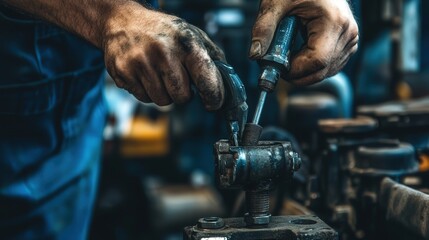 Poster - a close-up shot of a screwdriver in action, twisting a screw into a piece of metal. the worker appli
