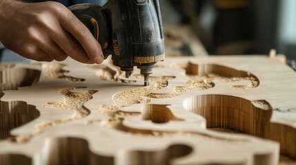 Wall Mural - A close-up shot of a worker using an electric jigsaw to cut intricate shapes in a piece of wood.