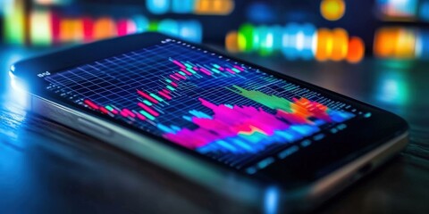 Poster - artistic representation of stock market trends on a smartphone displaying colorful financial graphs 