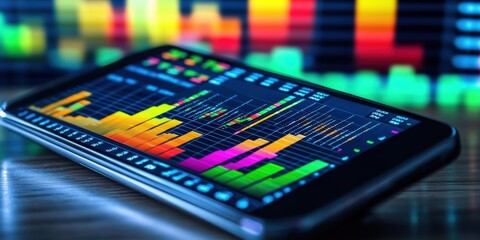 Poster - illustration of an advanced smartphone displaying colorful data visualizations on a bright backgroun