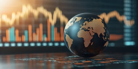 Poster - black and gold globe on stock market chart background with digital data and trend lines for financia