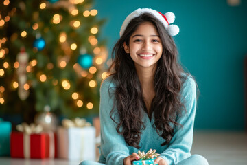 Happy young indian girl sits on the floor in front of Christmas tree and open gifts wearing santa hats. beautiful blue color theme home decor,