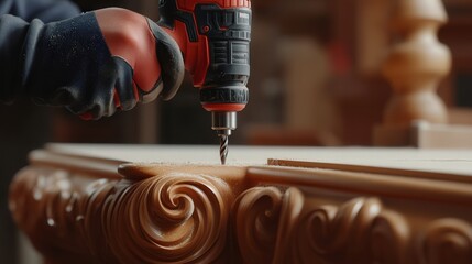 Poster - A drill with a sanding attachment being used to smooth rough surfaces on a piece of furniture