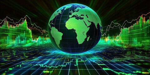 Poster - Digital Green Earth Globe Surrounded by Stock Market Graph Trends and Data Visualizations Representing Global Financial Dynamics. Global Stock market rally or recovery concept.stock, cryptocurrency ba