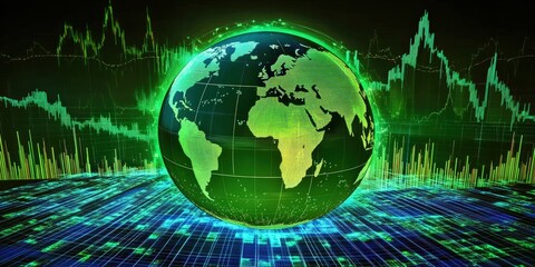 Poster - Digital green Earth globe showcasing stock market trends and graphs with bright green colors against a dark background for economic visuals. Global Stock market rally or recovery concept.stock, crypto