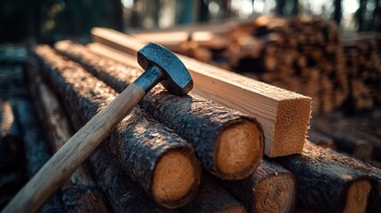 Poster - A hammer laying next to a stack of freshly cut lumber, ready to be used in construction