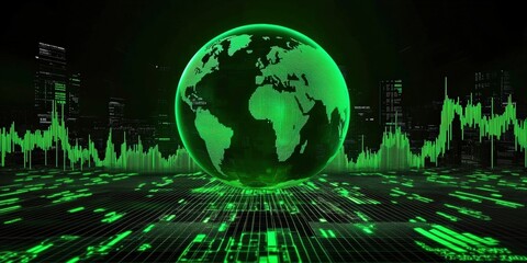 Fototapete - Glowing Green Globe on Black Background with Digital Elements and Data Visualization Representing Technology and Innovation. Global Stock market rally or recovery concept.stock, cryptocurrency backgro