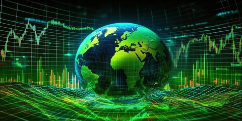 Poster - Green Globe with Stock Market Chart Background Showing Financial Trends and Data Analysis for Global Economy Visualization. Global Stock market rally or recovery concept.stock, cryptocurrency backgrou
