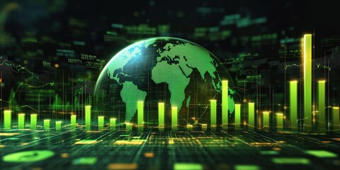 Poster - Green Stock Market Chart over a Globe with Bar Graphs Representing Financial Data Trends and Analysis in a Digital Space. Global Stock market rally or recovery concept.stock, cryptocurrency background