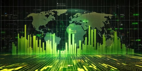 Poster - Green Stock Market Chart with Globe and Bar Graph Visualization Showing Global Financial Trends and Market Performance Metrics for Analysis. Global Stock market rally or recovery concept.stock, crypto