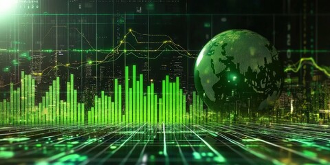 Poster - Green Stock Market Chart with Globe and Bar Graph Representing Financial Trends and Global Data Analysis in a Digital Environment. Global Stock market rally or recovery concept.stock, cryptocurrency b