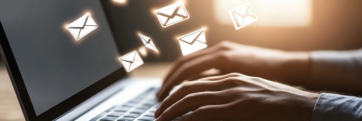 Poster - Businessman is working on a laptop and receiving many email messages, suggesting a busy workflow and constant communication