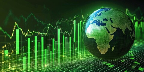 Poster - Green Globe and Stock Market Graph with Bar Chart Showing Trends and Data Representation in a Digital World Environment. Global Stock market rally or recovery concept.stock, cryptocurrency background	