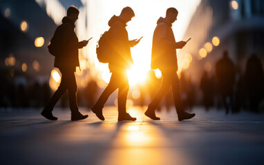 Walking silhouettes holding smartphones against sunset backdrop create captivating urban scene. warm glow of sun enhances mood, highlighting connection between technology and daily life