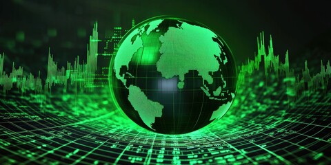Poster - glowing green globe surrounded by data and digital elements representing global connectivity and tec