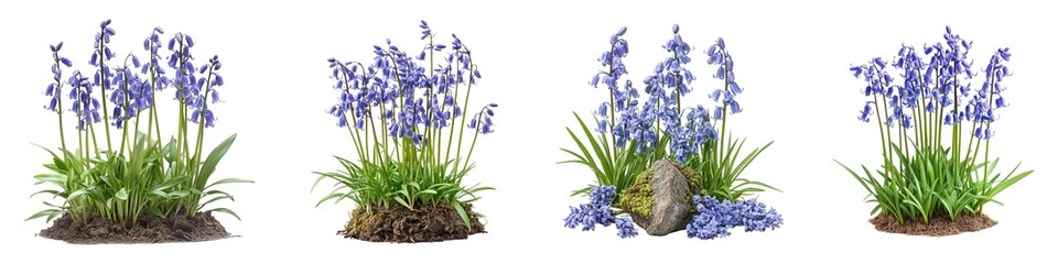 Wall Mural - Delicate Wild Bluebells with Lush Green Leaves on Transparent Background