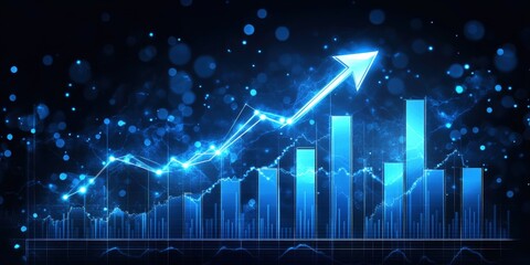 Poster - Abstract Stock Market Graph with Rising Blue Line on Dark Background, Financial Growth Concept and Visual Data Analysis for Business Success