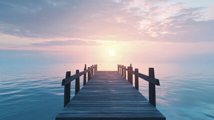 Poster - An empty pier at sunrise, where the air is fresh and the water is calm.