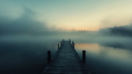 Poster - An empty pier at sunrise, where the air is fresh and the water is calm.