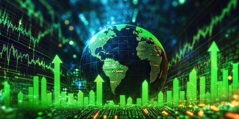 Poster - the concept of global stock market growth in business and finance with green arrows and a digital ea