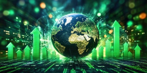Poster - the concept of global stock market growth represented by increasing arrows and a 3d earth visual in 