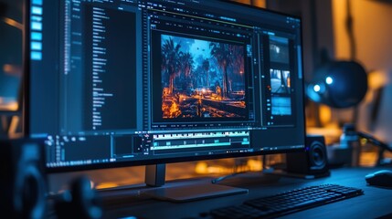 Poster - A computer screen displays a professional video editing interface, with a timeline, audio tracks, and visual effects options.