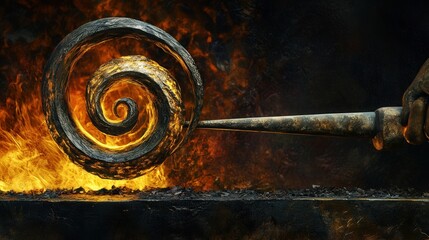 Poster - A blacksmith bending a long metal rod into a decorative spiral, using the heat of the forge and a pair of tongs to carefully manipulate the material