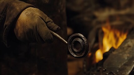 Poster - A blacksmith bending a long metal rod into a decorative spiral, using the heat of the forge and a pair of tongs to carefully manipulate the material