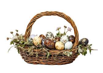 Canvas Print - Rustic Easter basket adorned with speckled eggs and wildflowers