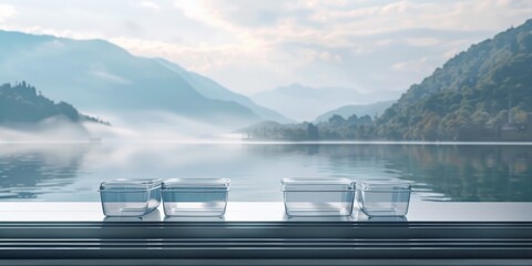 Empty transparent packaging on a modern metal shelf, with a scenic lake background, 4K hyperrealistic photo.