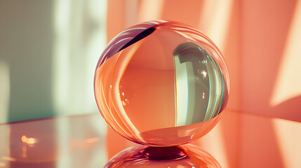 Poster - A crystal-clear glass sphere rests on a reflective surface, showcasing vibrant orange and soft green hues. Light plays across its surface, creating captivating reflections.