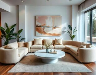 Wall Mural - A modern living room with a beige curved sofa, a round coffee table, and a large abstract painting on the wall, japandi interior design