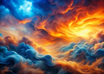 Poster - Fiery Blue and Orange Waves Forming Ethereal Cloud Patterns in a Vivid Abstract Background with High Depth of Field for Artistic and Creative Projects