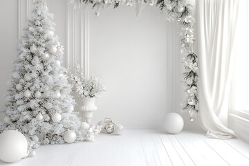 Wall Mural - A white wall with a white arch and curtains, white vases of flowers, christmas trees, ball on the floor, a minimalist interior design.