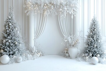Wall Mural - A white wall with a white arch and curtains, white vases of flowers, christmas trees, ball on the floor, a minimalist interior design.