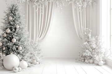 Wall Mural - A white wall with a white arch and curtains, white vases of flowers, christmas trees, ball on the floor, a minimalist interior design.