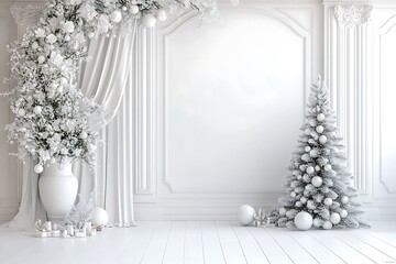 Wall Mural - A white wall with a white arch and curtains, white vases of flowers, christmas trees, ball on the floor, a minimalist interior design.