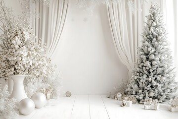 Wall Mural - A white wall with a white arch and curtains, white vases of flowers, christmas trees, ball on the floor, a minimalist interior design.