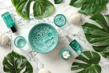 Close up of cotton pads, swabs, and cosmetic products on a light marble table with palm leaf