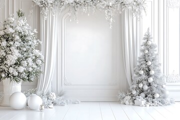 Wall Mural - A white wall with a white arch and curtains, white vases of flowers, christmas trees, ball on the floor, a minimalist interior design.