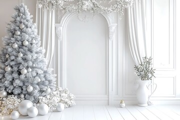 Wall Mural - A white wall with a white arch and curtains, white vases of flowers, christmas trees, ball on the floor, a minimalist interior design.