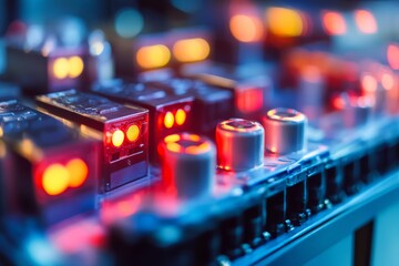 Poster - Close-Up View of Colorful LED Lights and Electronic Components on a Circuit Board, Highlighting Technology and Innovation in Modern Electronics