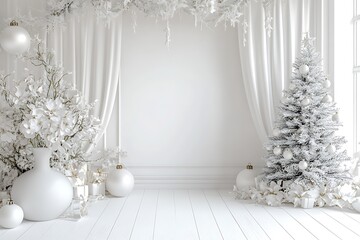 Wall Mural - A white wall with a white arch and curtains, white vases of flowers, christmas trees, ball on the floor, a minimalist interior design.